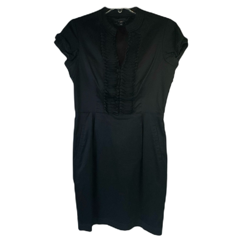 Ann Taylor black ruffle front dress side pockets side zip - size 8 petite